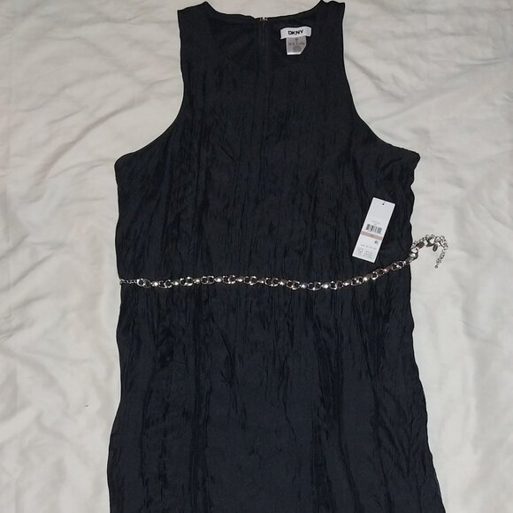NWT DKNY Women's midi Sleeveless dress with shiny Sliver chain belt Size 12 - Picture 1 of 5